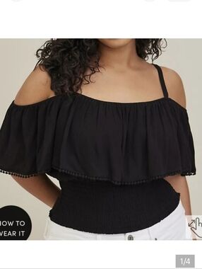 🆕️ BLACK  RUFFLE COLD SHOULDER CROP TOP - CRINKLE GAUZE
